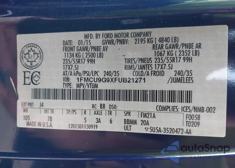 2015 Ford Escape Se из США, поврежденный, VIN 1FMCU9G9XFUB21271